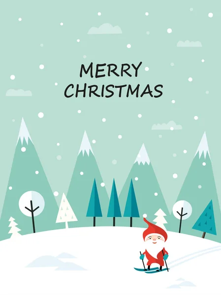 Natal Cartão Saudação Com Santa Cláusula Esqui Declive Paisagem Inverno — Vetor de Stock