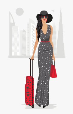 Dubai sutecase ile kadın moda. Vektör