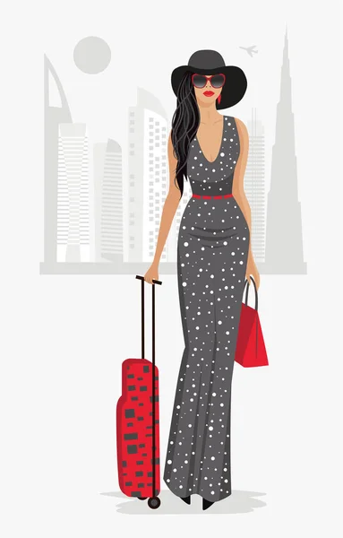 Fashion Woman Dubai Con Sutecase Vector — Vector de stock