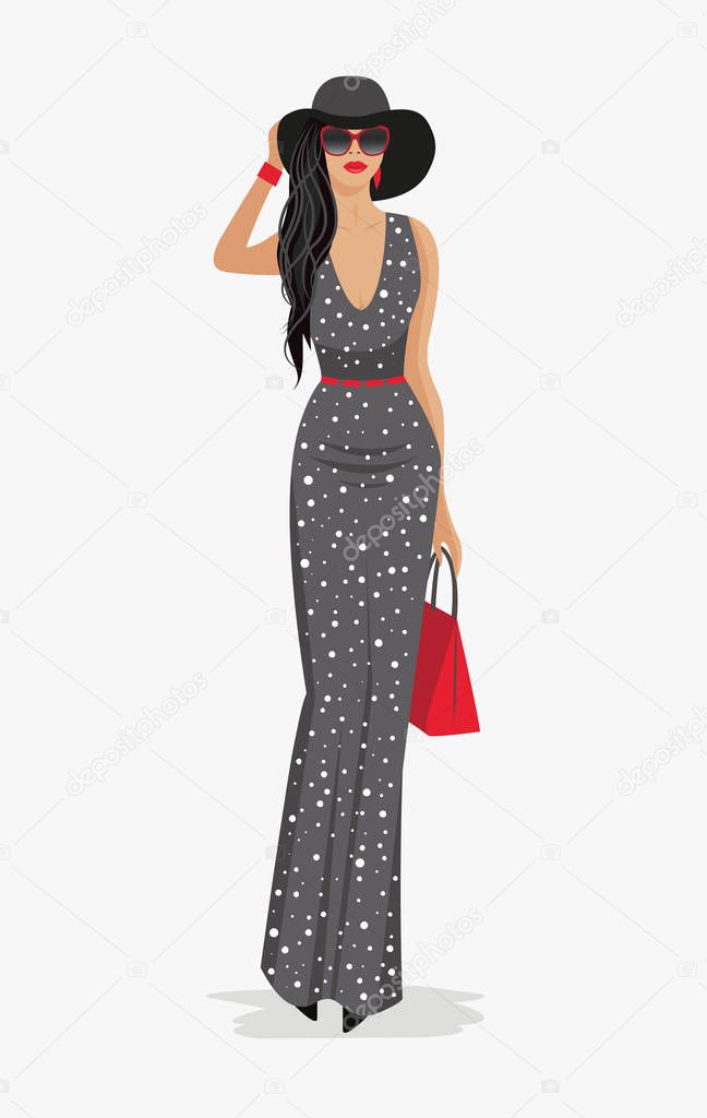 Fashion woman in hat and long summer dress. Vector
