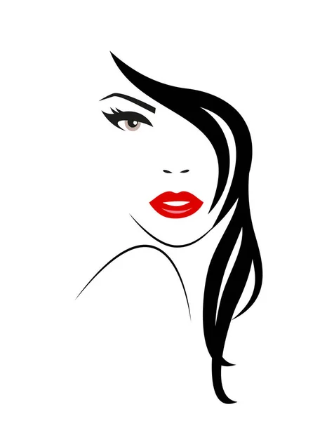 Logotipo Mujer Bonita Con Pelo Largo Labios Rojos — Vector de stock