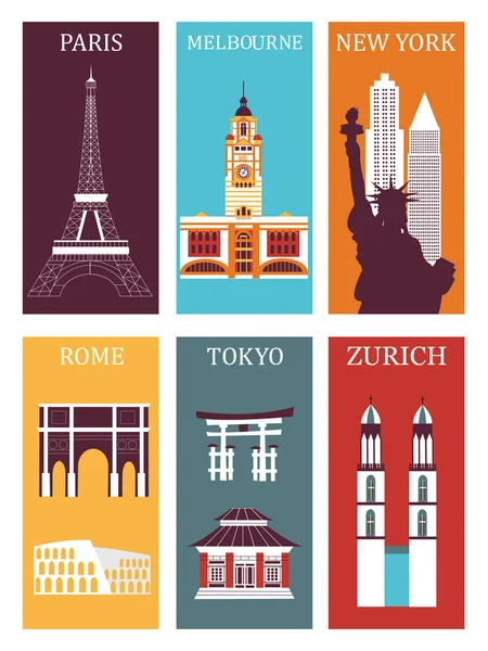 Famous Cities Paris Melbourne New York Rome Tokyo Zurich — Stock Vector