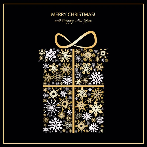 Weihnachtsgrußkarte Mit Goldener Geschenkschachtel Und Schneeflocken Vektor — Stockvektor
