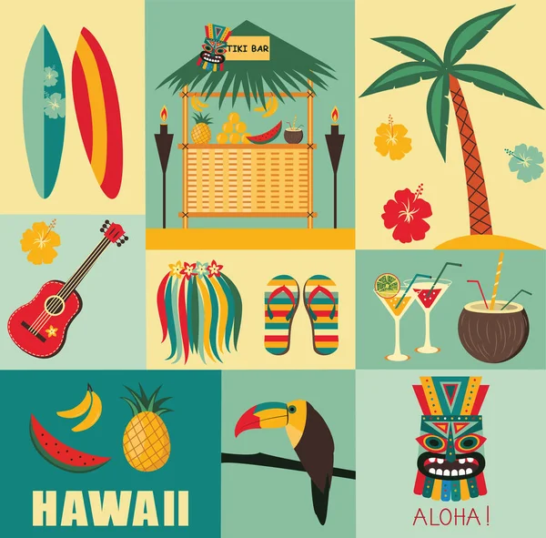 Hawaii 'nin parlak renkli sembolleri. Vektör illüstrasyonu