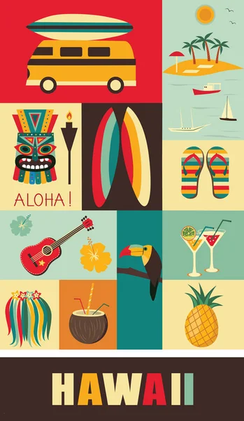 Hawaii Symbole Und Symbole Leuchtenden Farben — Stockvektor