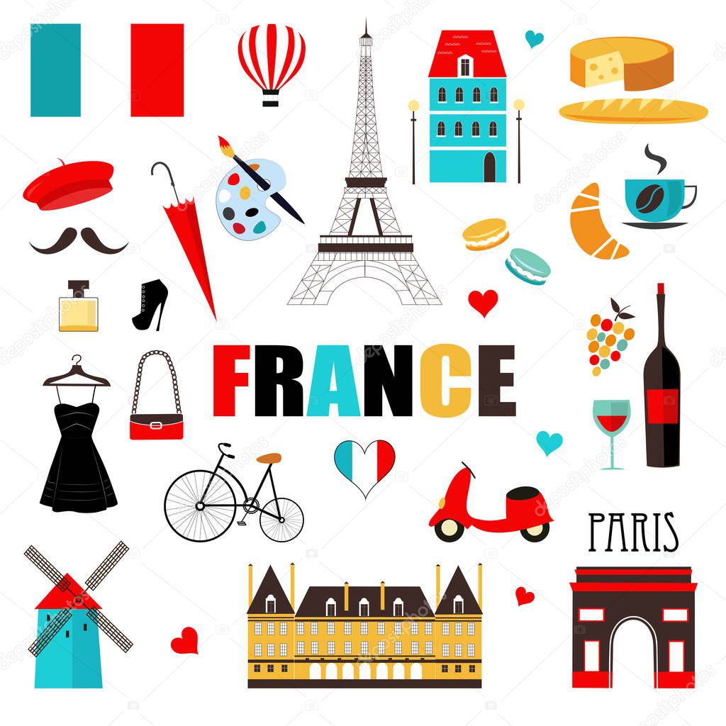 France symbols and icons set. Vector illustration