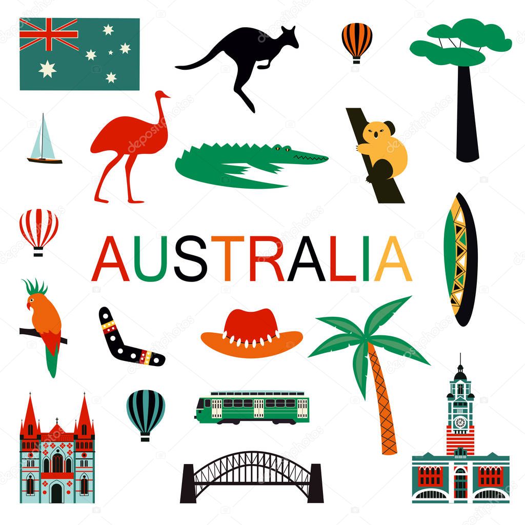 Australia symbols and icons isolated on white. Vector illustration