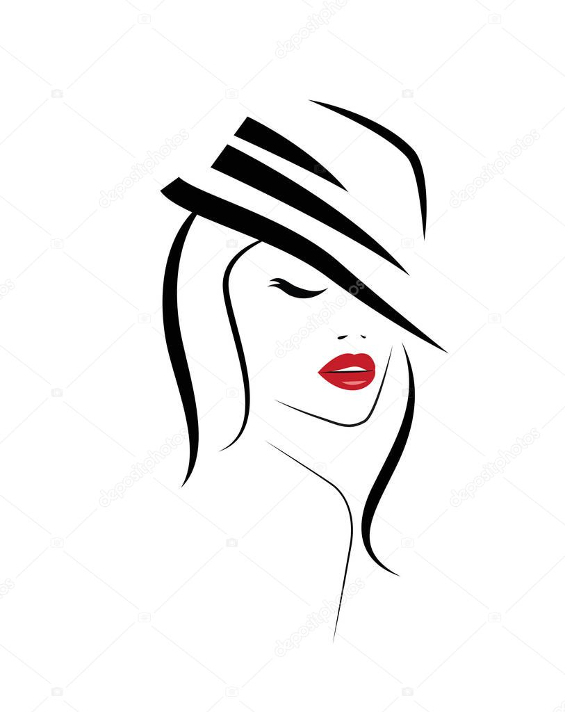 Young Woman with long hair in hat. Vector
