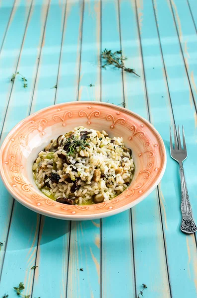 Deilig risotto med porcinisopp over turkis-bakgrunn av tre – stockfoto