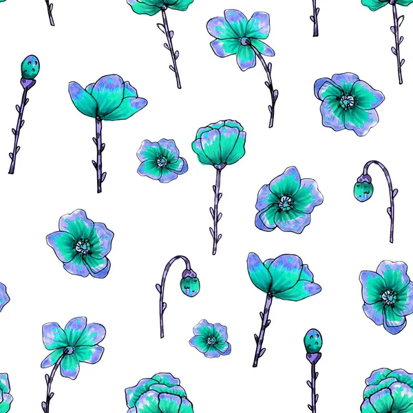 Seamless pattern of flowers. Print for fabric and other surfaces. Flowers drawn by hand. Abstract seamless pattern on white background.