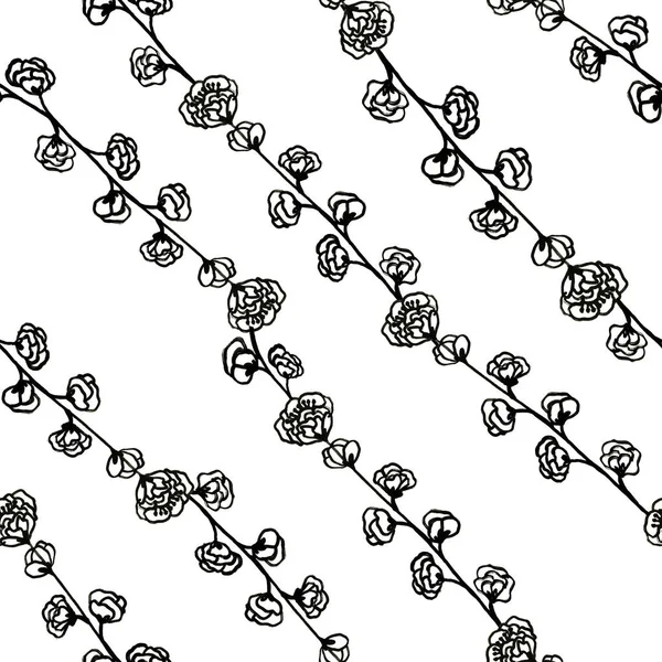Seamless black and white pattern of decorative flowers. Cute twigs . Print for fabric and other surfaces. illustration drawn by hand with ink and black pen. Abstract summer pattern.