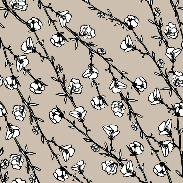 Seamless black and white pattern of decorative flowers. Cute twigs. Print for fabric and other surfaces. illustration drawn by hand with ink and black pen. Abstract summer pattern.Grey background.