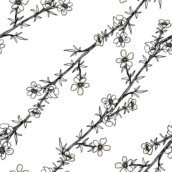 Seamless black and white pattern of decorative flowers. Cute twigs . Print for fabric and other surfaces. illustration drawn by hand with ink and black pen. Abstract summer pattern.