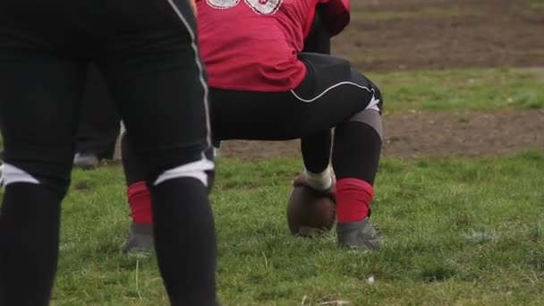 アマチュア フットボールのチームメイトにボールをスナップ アメフト プレーヤーの背面図 — ストック動画