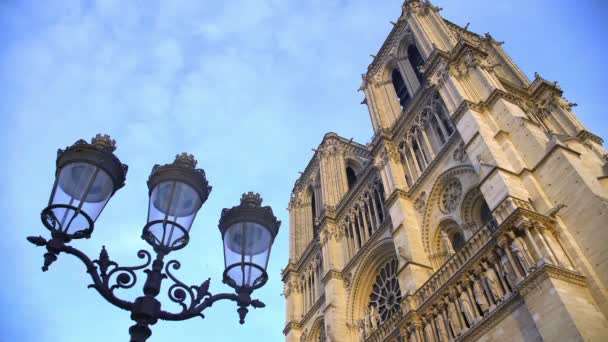 Farola antigua y catedral de Notre-Dame, visita de París, Francia — Vídeos de Stock