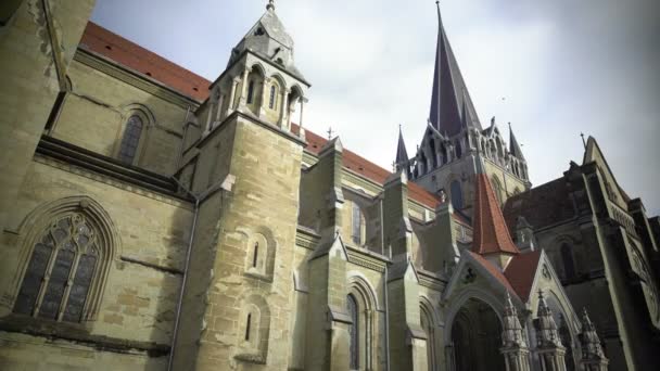 Panorama of beautiful cathedral in Gothic style, old European architecture — Stock Video