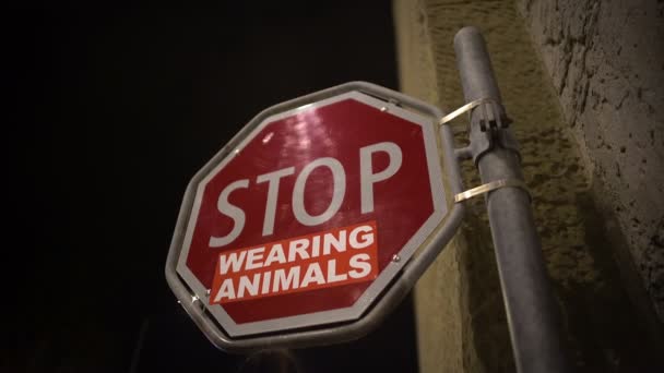 Stop wearing animals red sign on street, animal protection campaign, message — Stock Video