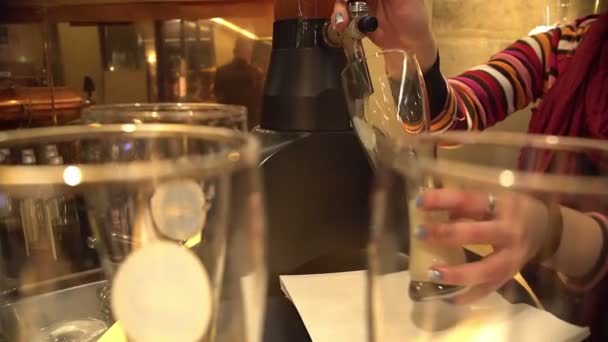 Bartenders χέρια έκχυση μπύρα σε ποτήρι, τροφοδοσία επιχειρήσεων, Ζυθοποιία — Αρχείο Βίντεο