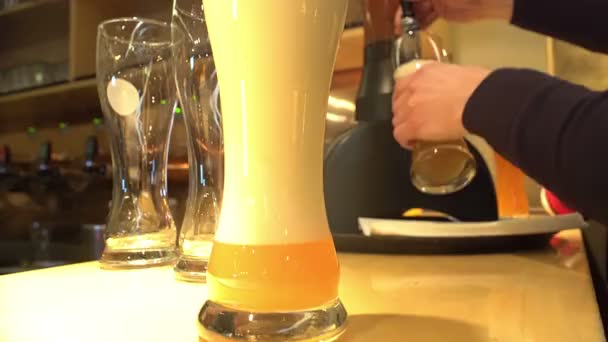 Barman derramando cerveja espumosa em copos, negócio de cerveja, serviço de catering — Vídeo de Stock