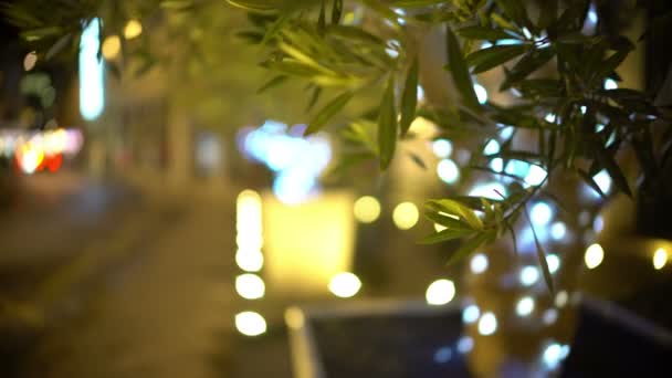 Подсветка украшения висит на деревьях на улице, люди ходят, праздники — стоковое видео