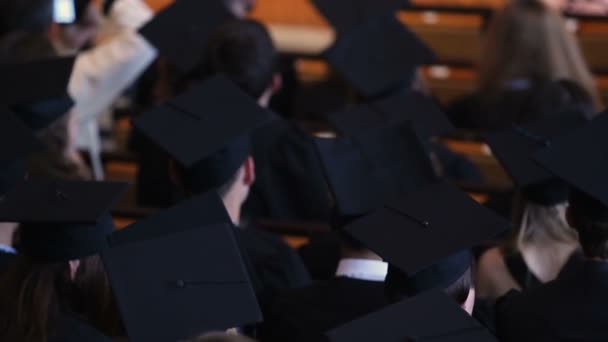 Успешные люди в академической одежде, смотрящие церемонию награждения дипломом — стоковое видео