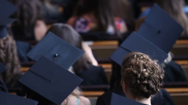Universitätsabsolventen bei der offiziellen Diplomverleihung, Rückansicht — Stockvideo