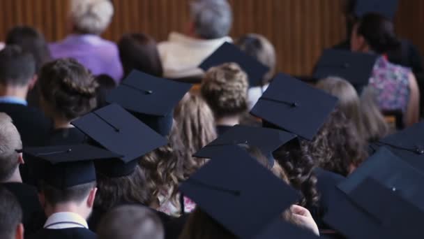 Graduados viendo ceremonia de entrega de diplomas en la universidad, educación superior — Vídeo de stock