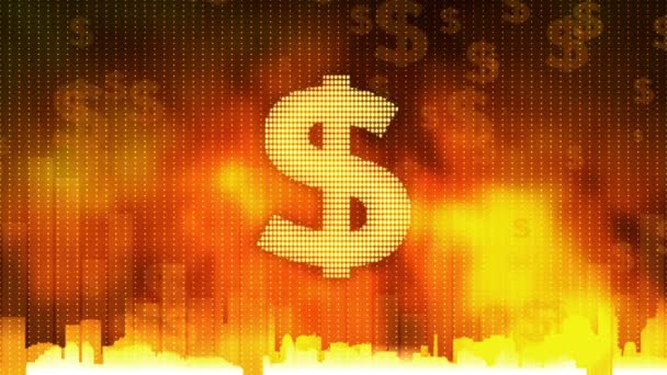 Signe de dollar pulsant sur fond de feu, l'argent règne sur le monde, avidité, obsession — Video