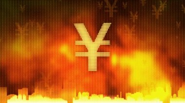 Yen işareti vınlamak içinde kırmızı bir arka plan, finansal kriz, borç varsayılan, tekel