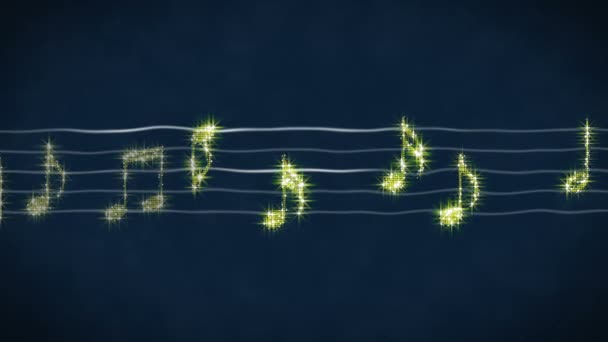 闪亮的黄金音乐笔记的表，卡拉 ok 歌曲音乐会显示在 Led 屏幕上移动 — 图库视频影像