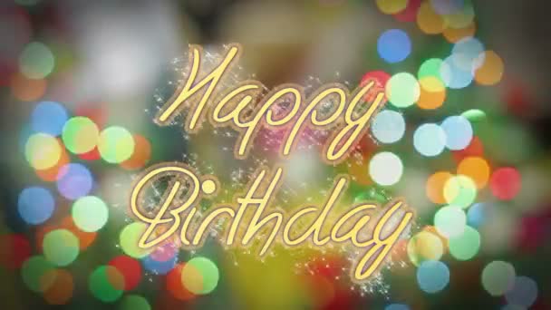 Shiny Happy Birthday message on colorful background, creative greeting, present — Stock Video