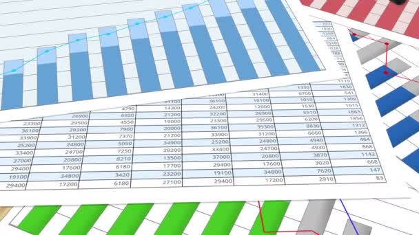 Diversi grafici finanziari sul tavolo, pianificazione aziendale, analisi dei dati, ricerca — Video Stock