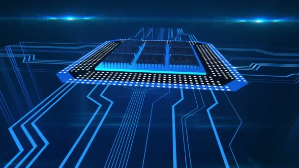 Lignes bleues se déplaçant vers la carte de circuit informatique, données de traitement CPU, technologie 