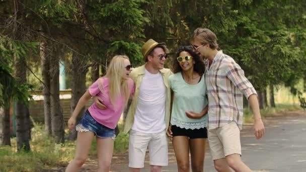 Dois casais multiétnicos felizes desfrutando da vida, rindo no parque, férias de verão — Vídeo de Stock
