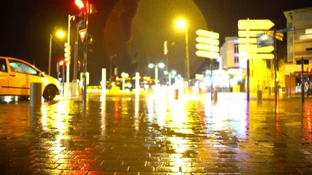 Trafik ışıkları, bekleyen yeşil, ulaşım, yağmurlu gece için durdurma arabalar — Stok video