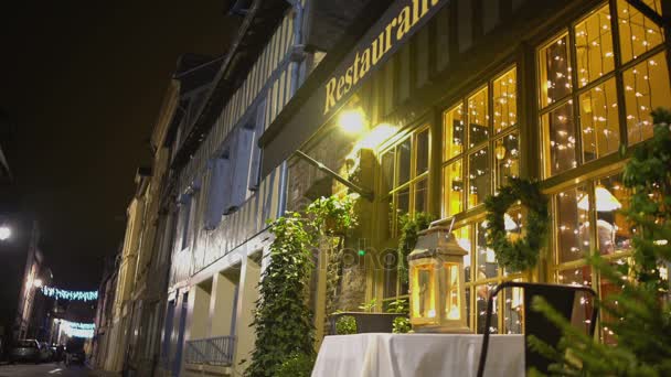 Mensen hebben van diner in het sfeervolle restaurant, 's avonds tijd, kerstsfeer — Stockvideo