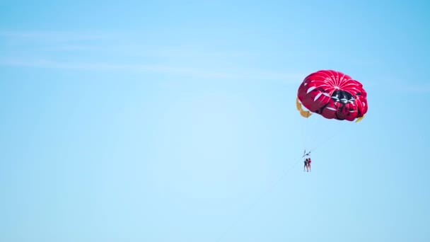 People addicted to extreme sports flying with parachute, parasailing activity — Stock Video