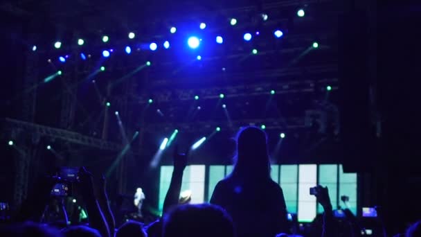 Толпа восторженных поклонников, наслаждающихся выступлением знаменитой рок-звезды и машущих руками — стоковое видео