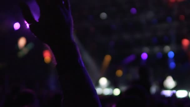 Main masculine agitant dans l'obscurité au concert, foule profitant d'un spectacle fantastique, slow-mo — Video