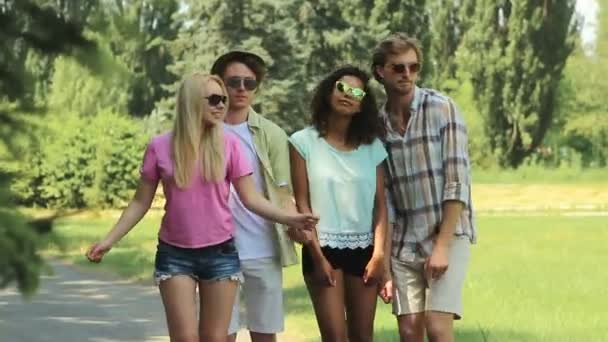 Friends posing for picture to be taken on summer trip, making funny movements — Stock Video