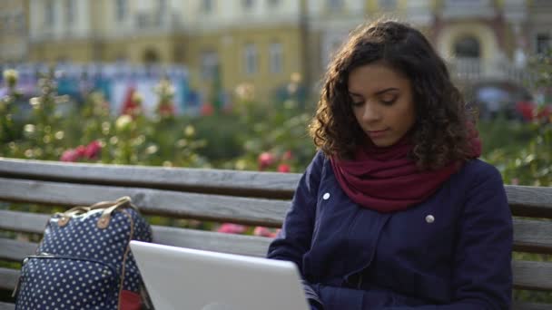 Ung biracial författare arbetar på nya projekt, sitter med laptop utomhus — Stockvideo