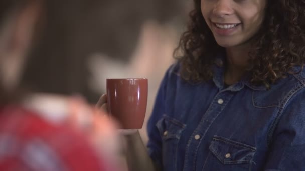 Multietniska bästisar dricka kaffe och prata om livet, vänskap — Stockvideo