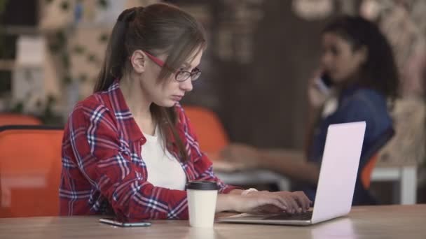 Donna intellettuale digitando sul computer portatile in caffè, libero professionista che lavora sul nuovo progetto — Video Stock