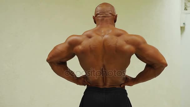 Muscular hombre demostrando trasero lat propagación pose en deporte club, culturismo — Vídeos de Stock