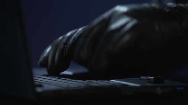 Руки кримінального крадіжки інформації з комп'ютера, копіювання файлів на USB-накопичувач — стокове відео