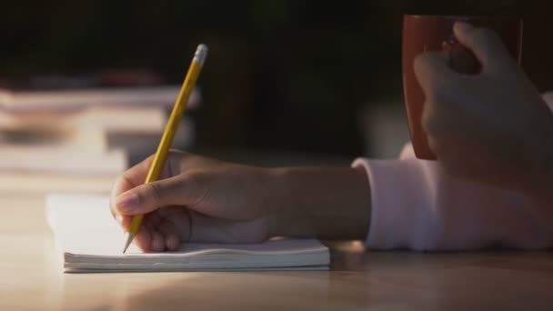 Señorita periodista haciendo notas en su cuaderno bebiendo café en un ambiente acogedor — Vídeo de stock