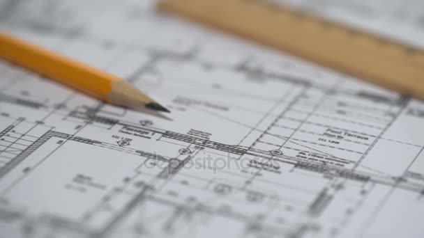 Primer plano del plan de construcción detallado, diseño de arquitectura, oficina de construcción — Vídeo de stock