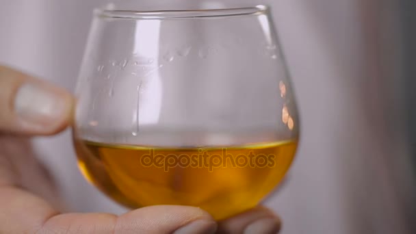 Vidro com conhaque caro na mão masculina, close-up. Homem degustação bebida alcoólica — Vídeo de Stock