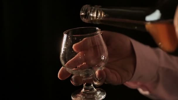 Знаток дорогих алкогольных напитков, наливающих коньяк в стакан и дегустация — стоковое видео