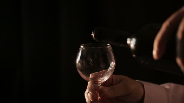 Профессиональный винодел наливает красное вино в бокал и дегустации, крупным планом — стоковое видео